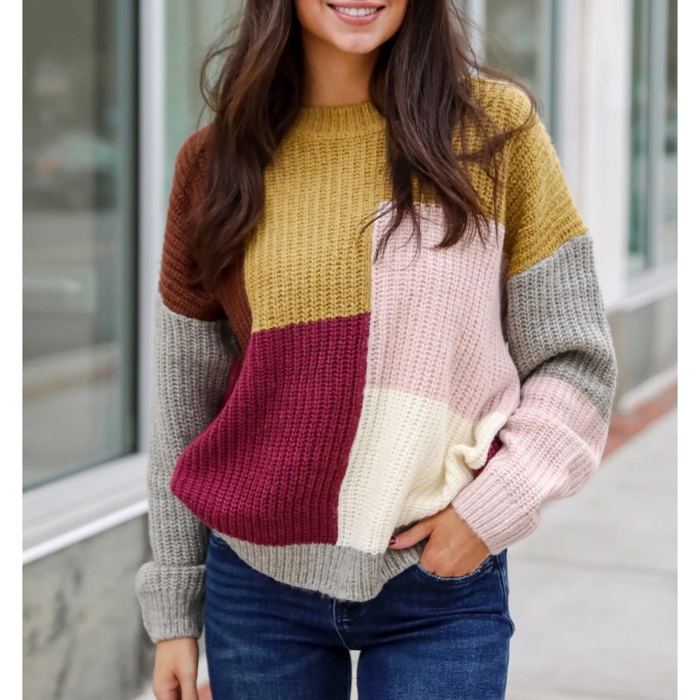 Adorable Expression Burgundy Color Block Sweater